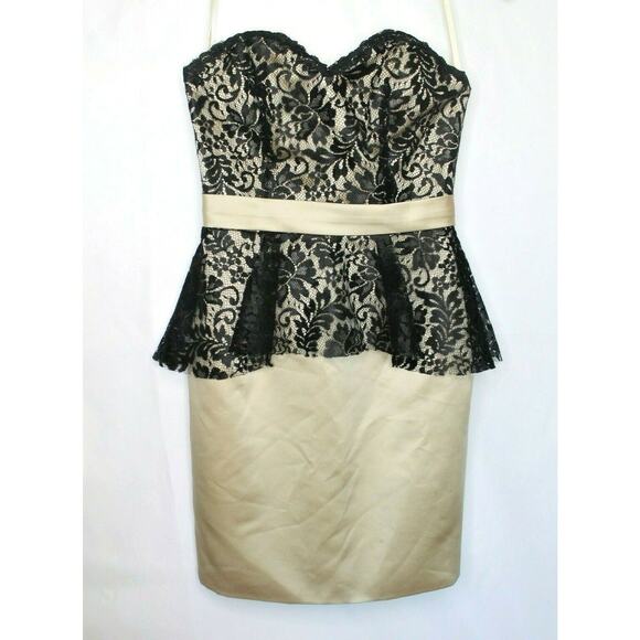Impression Size 6 Strapless Satin & Lace Peplum Black Mini Dress Lined Sexy Prom - Picture 2 of 8